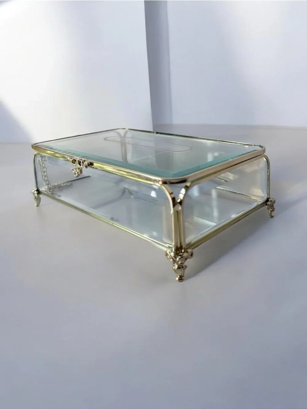 Glass Jewelry Display Box with Gold Frame vintage style